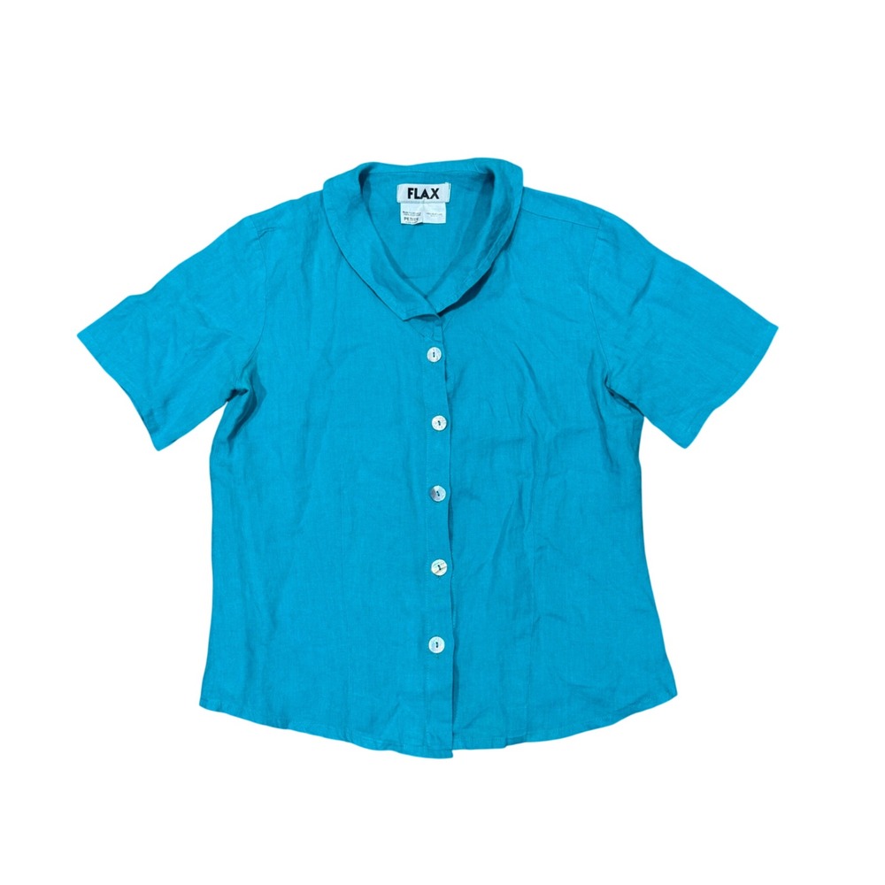 FLAX Turquoise Blue Cotton Button Down Short Sleeve Shirt Small Petite Coastal